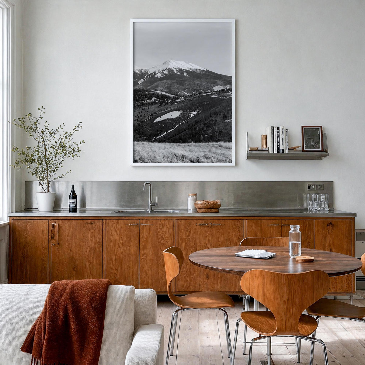 Flagstaff black & white photo poster of Arizona, USA – vertical wall art in white wood frame, hanging on wall