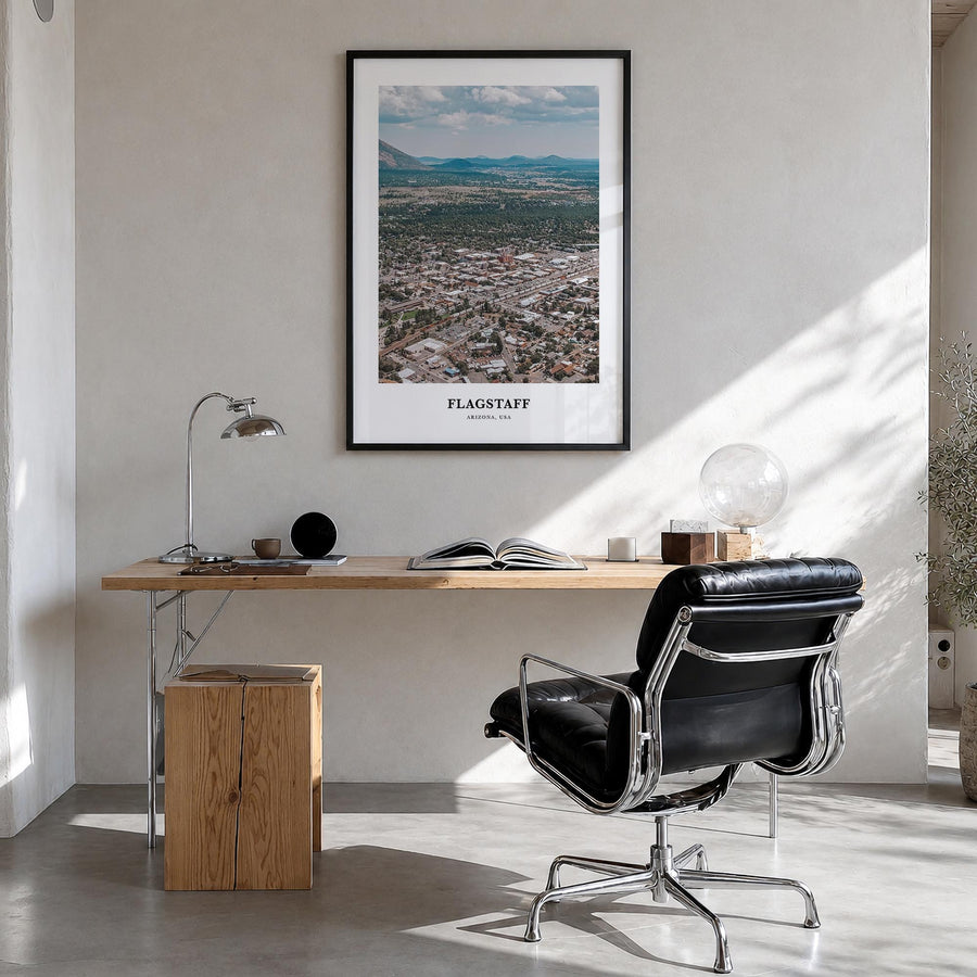 Flagstaff colorful classic poster of Arizona, USA – vertical wall art in black wood frame, hanging on wall