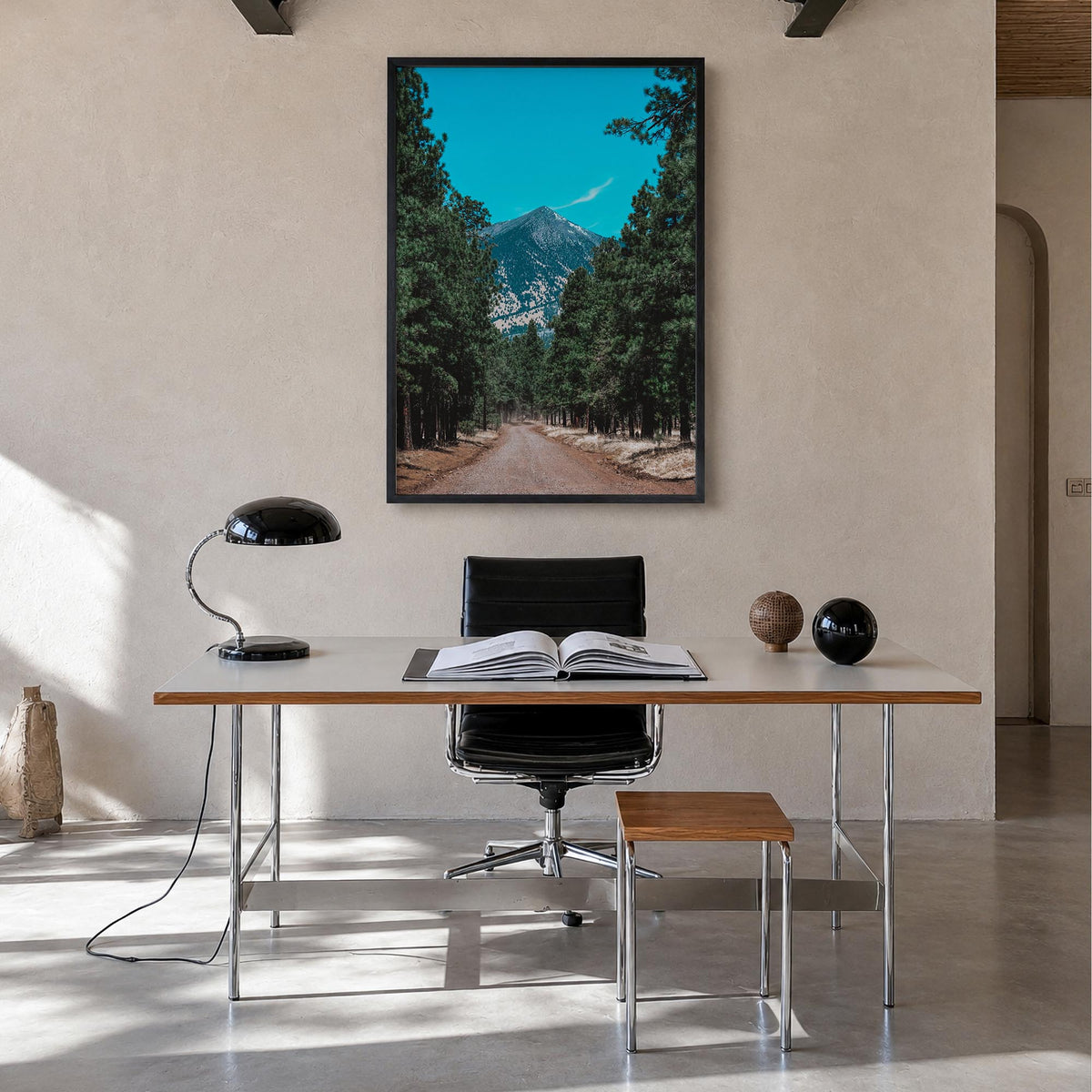 Flagstaff colorful photo poster of Arizona, USA – vertical wall art in black wood frame, hanging on wall