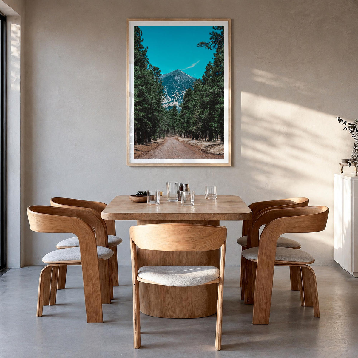 Flagstaff colorful photo poster of Arizona, USA – vertical wall art in natural wood frame with white border, hanging on wall