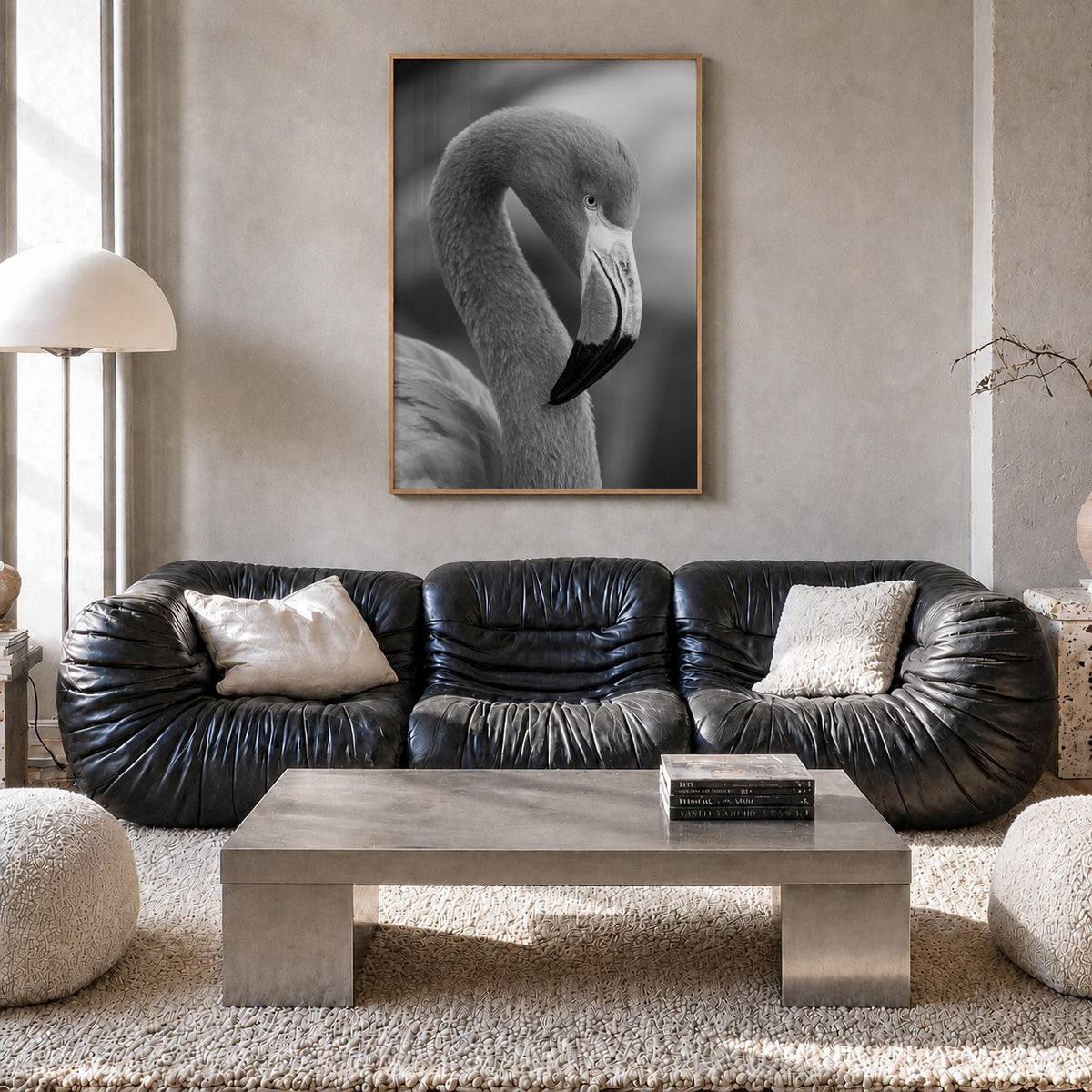 Flamingo black & white photo poster – vertical wall art in natural wood frame, hanging on wall