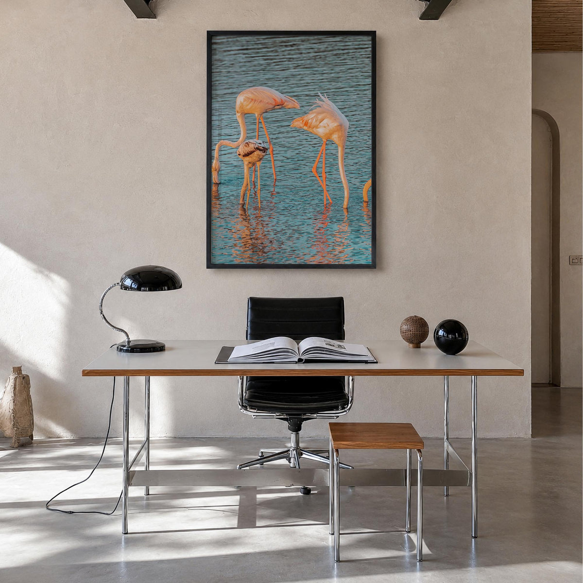 Flamingo no. 1 colorful photo poster – vertical wall art in black wood frame, hanging on wall