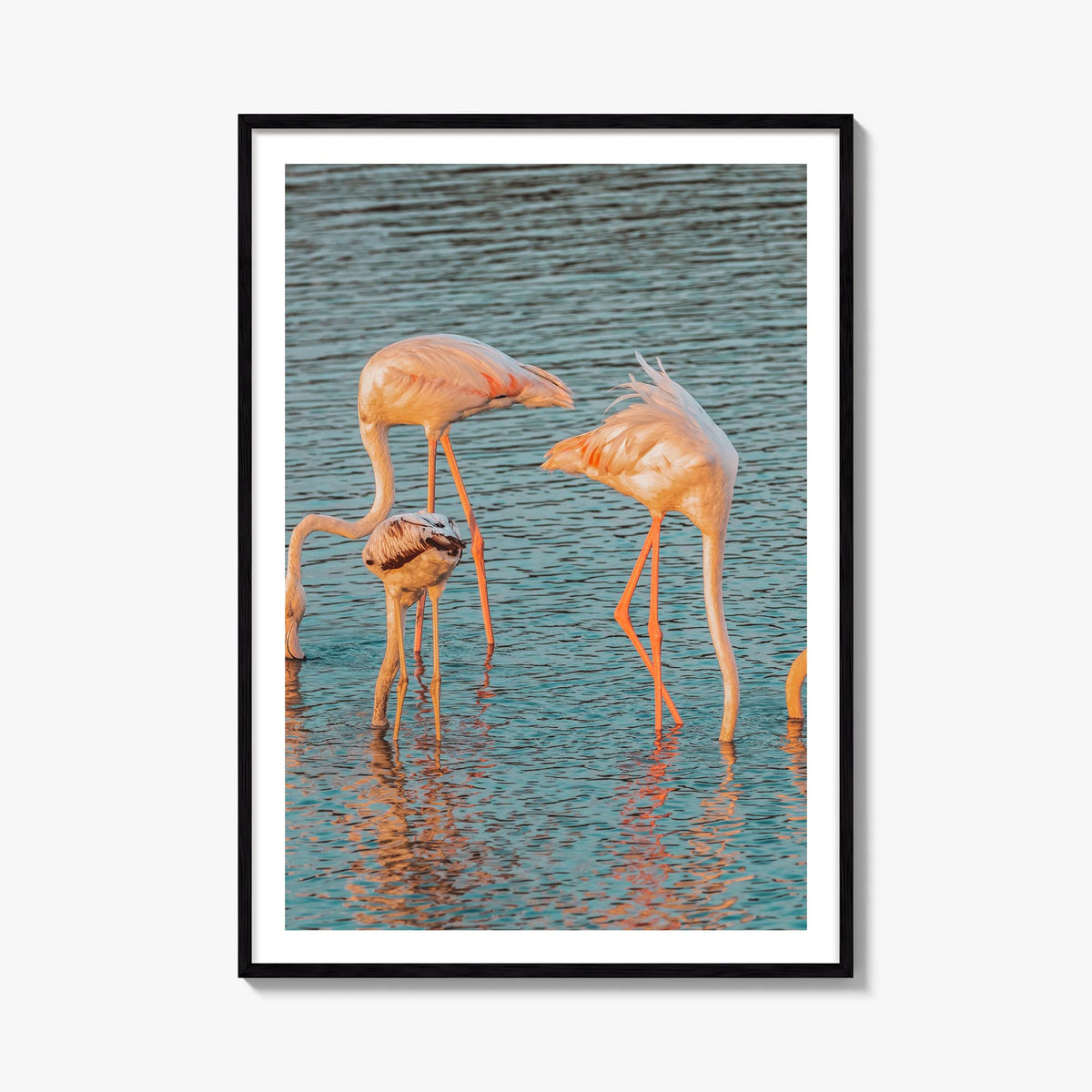 Flamingo no. 1 colorful photo poster – vertical wall art, unframed print shown in interior mockup