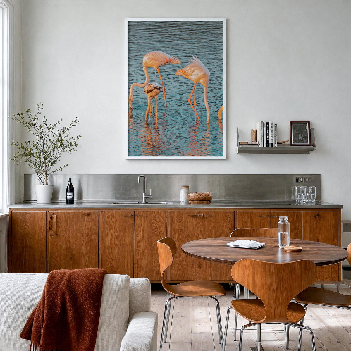 Flamingo no. 1 colorful photo poster – vertical wall art in white wood frame, hanging on wall