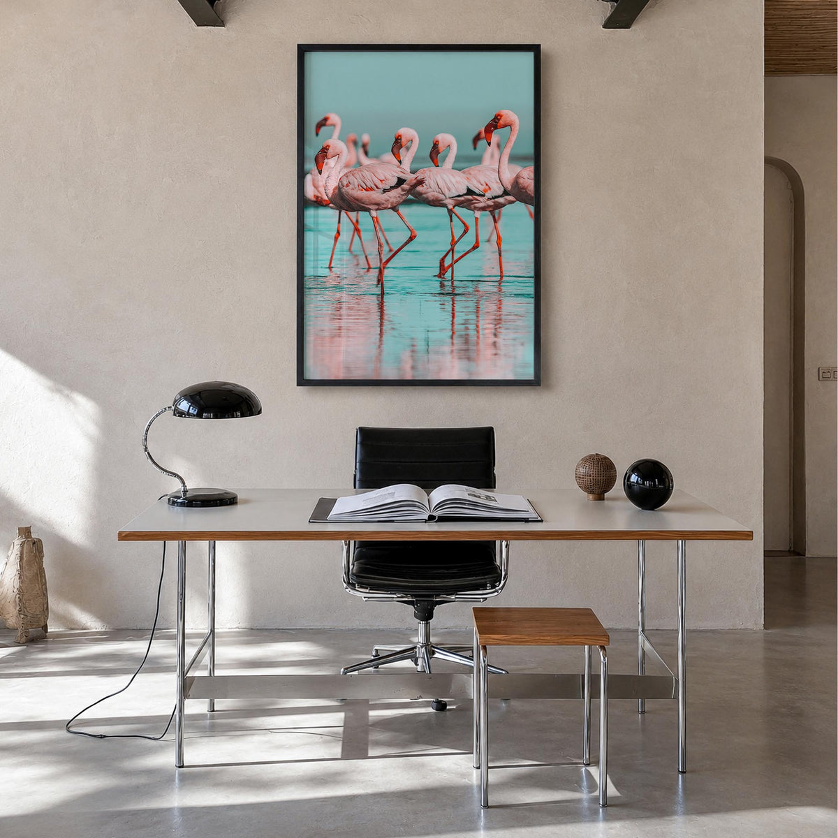 Flamingo no. 2 colorful photo poster – vertical wall art in black wood frame, hanging on wall