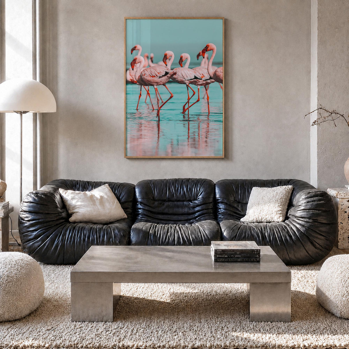 Flamingo no. 2 colorful photo poster – vertical wall art in natural wood frame, hanging on wall