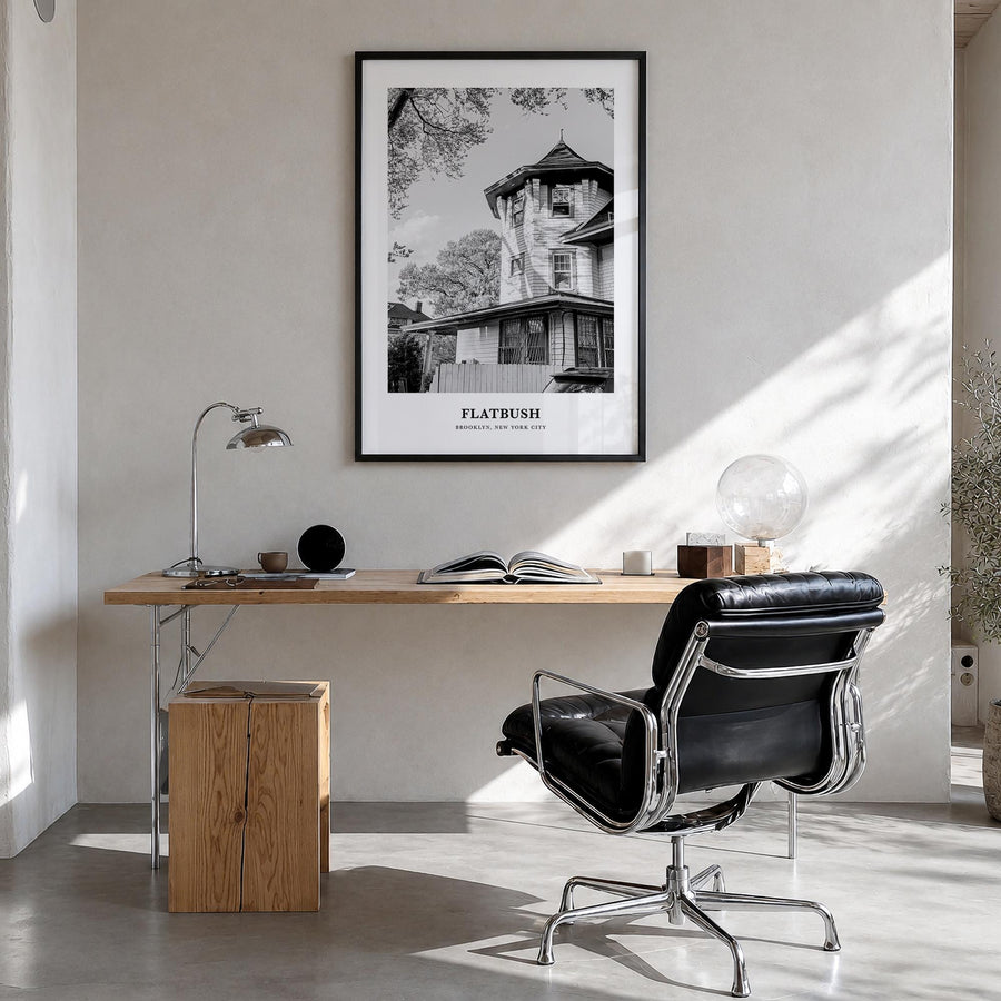 Flatbush black & white classic poster of Brooklyn, New York City – vertical wall art in black wood frame, hanging on wall