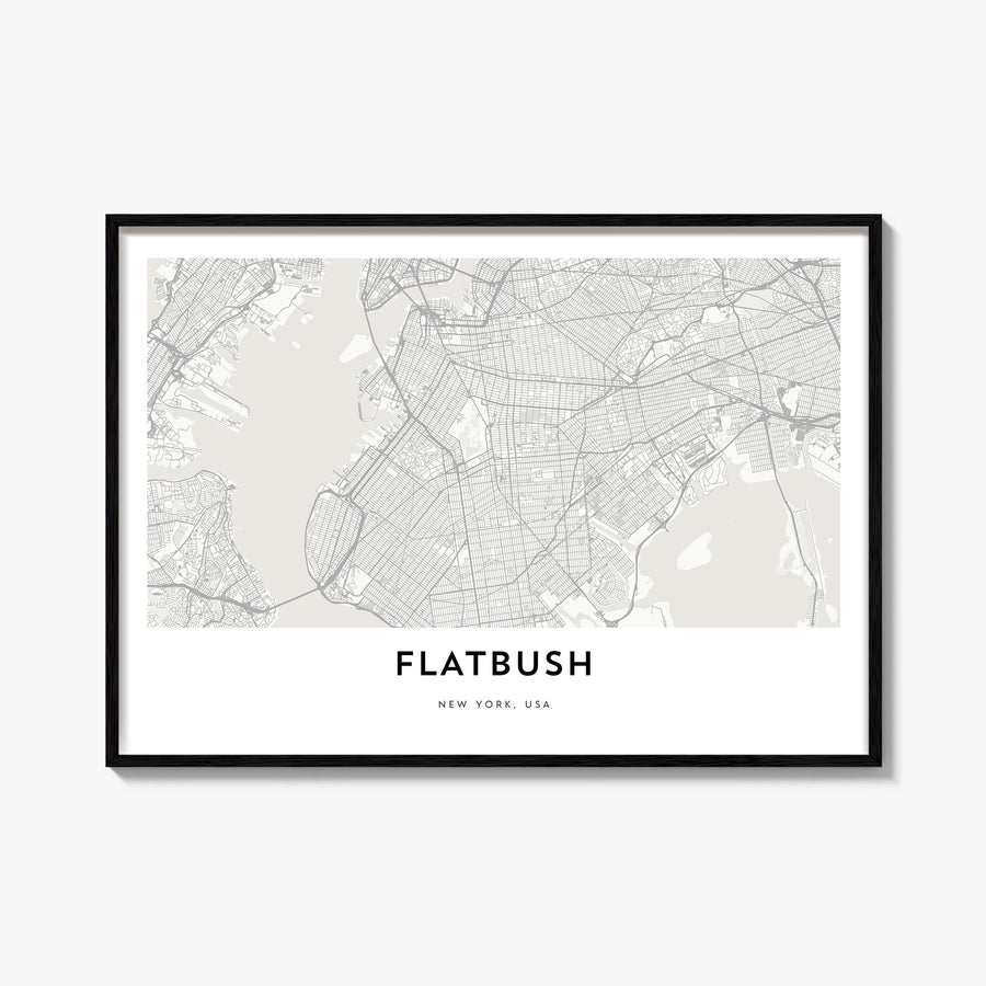 Flatbush black & white map poster of Brooklyn, New York City – horizontal wall art, unframed print shown in interior mockup