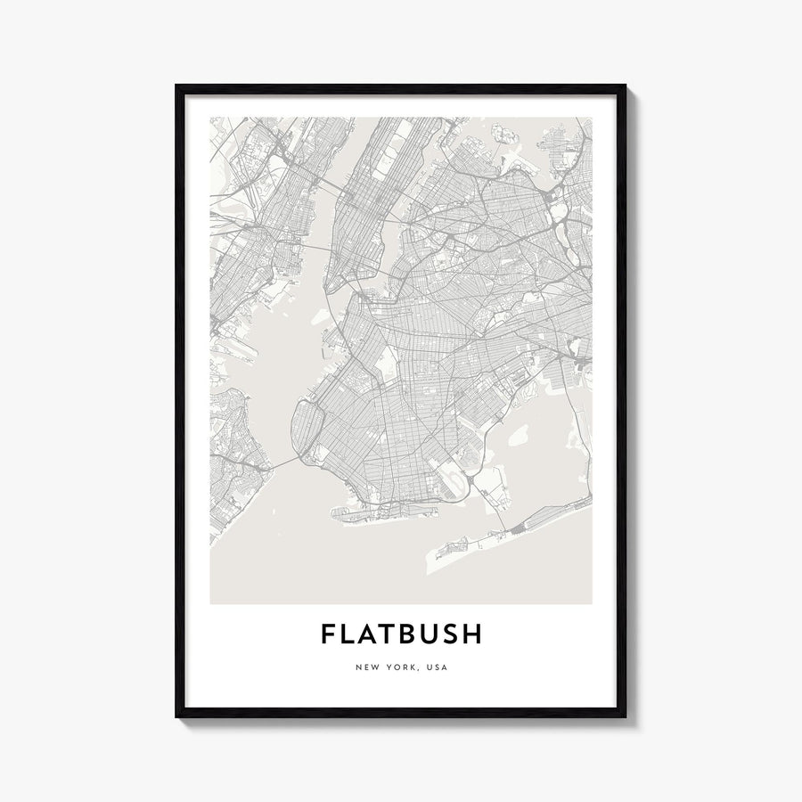 Flatbush black & white map poster of Brooklyn, New York City – vertical wall art, unframed print shown in interior mockup