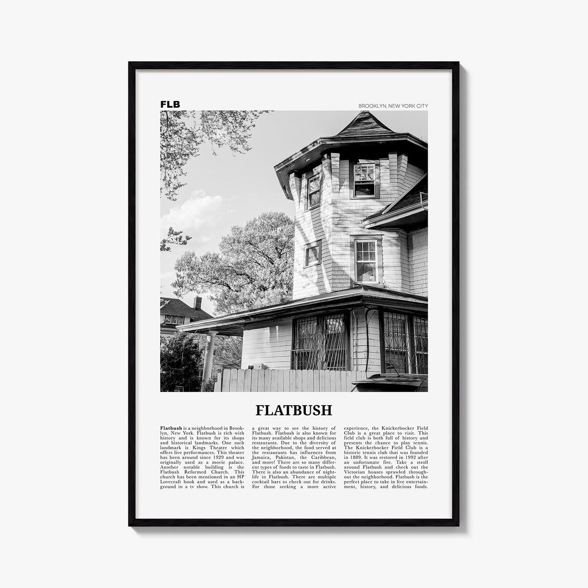 Flatbush black & white newspaper poster of Brooklyn, New York City – vertical wall art, unframed print shown in interior mock