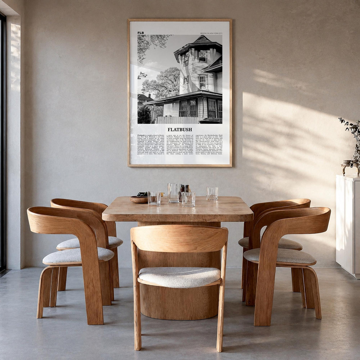 Flatbush black & white newspaper poster of Brooklyn, New York City – vertical wall art in natural wood frame, hanging on wall