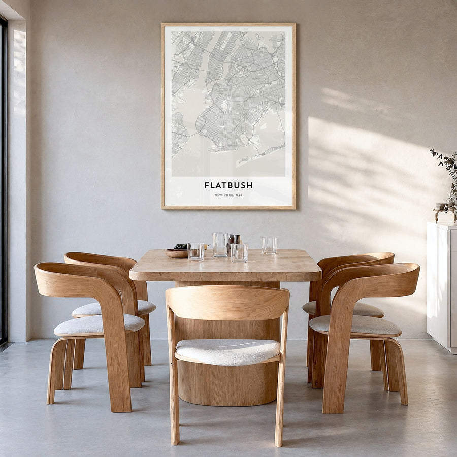 Flatbush Map Poster in a natural wood frame, hanging in a dining room