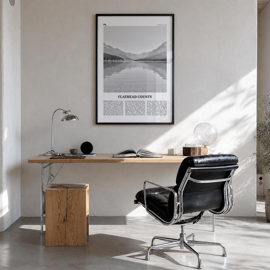 Flathead County black & white newspaper poster of Montana, USA – vertical wall art in black wood frame, hanging on wall