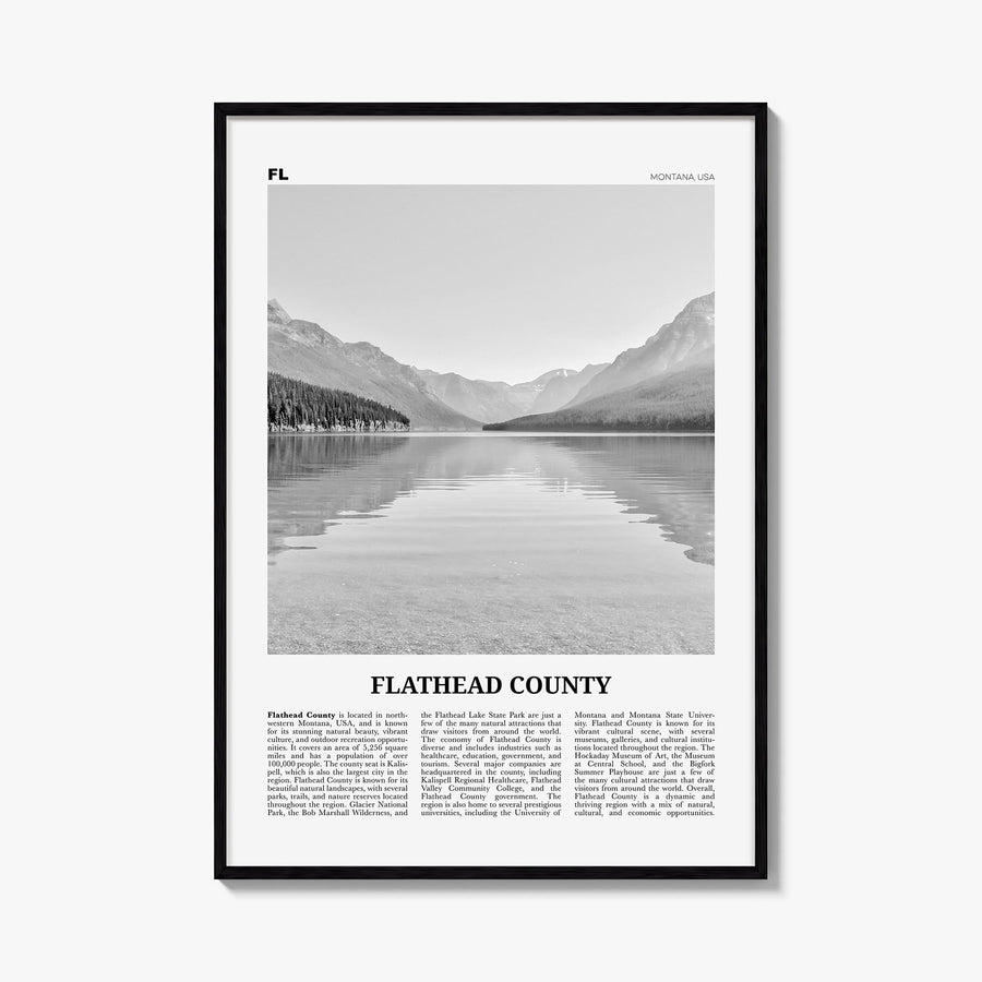 Flathead County black & white newspaper poster of Montana, USA – vertical wall art, unframed print shown in interior mockup