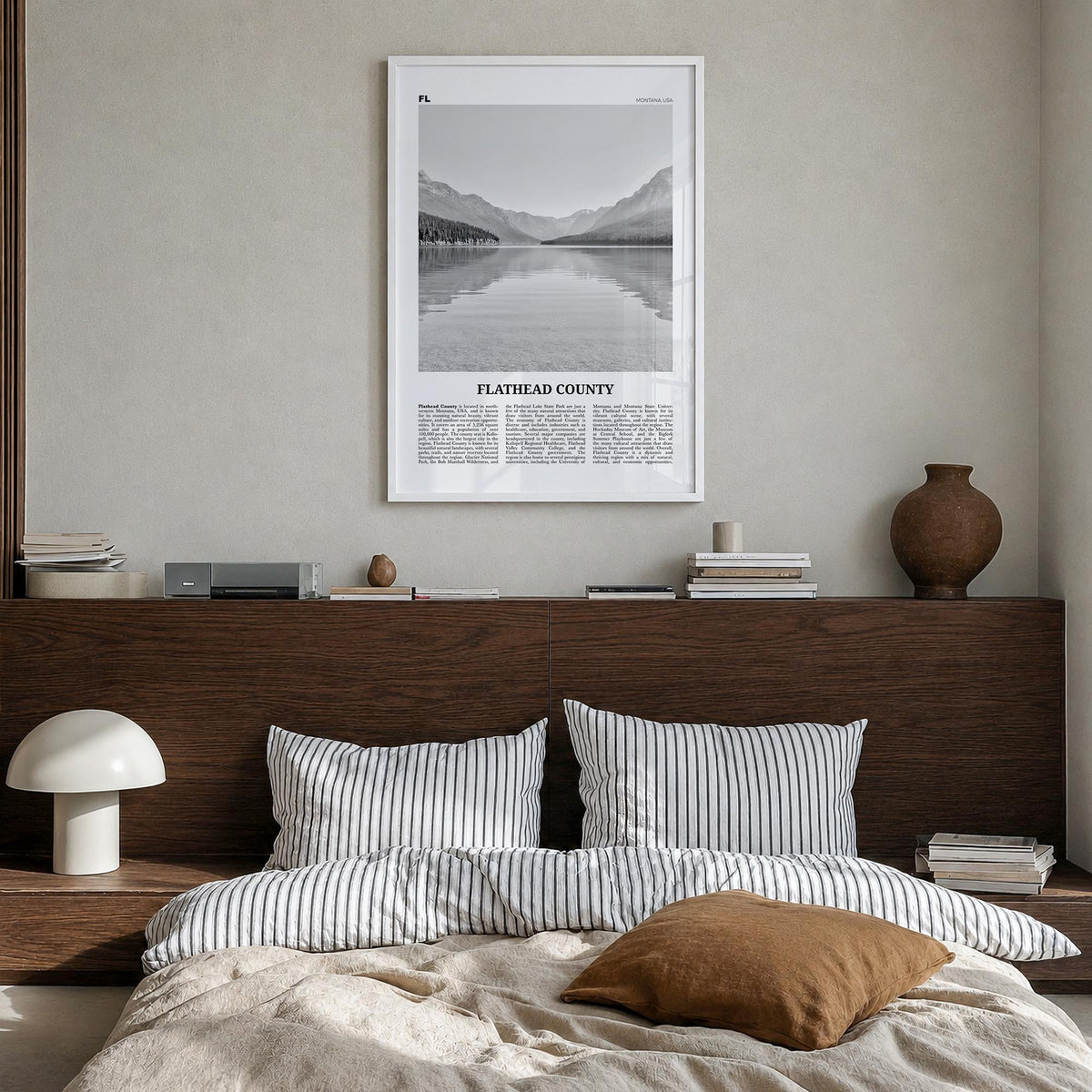 Flathead County black & white newspaper poster of Montana, USA – vertical wall art in white wood frame, hanging on wall