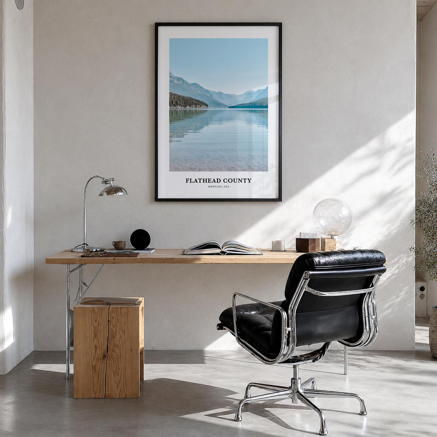 Flathead County colorful classic poster of Montana, USA – vertical wall art in black wood frame, hanging on wall