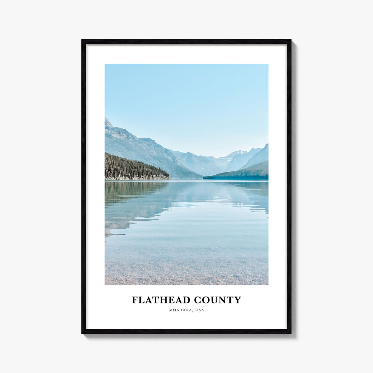 Flathead County colorful classic poster of Montana, USA – vertical wall art, unframed print shown in interior mockup