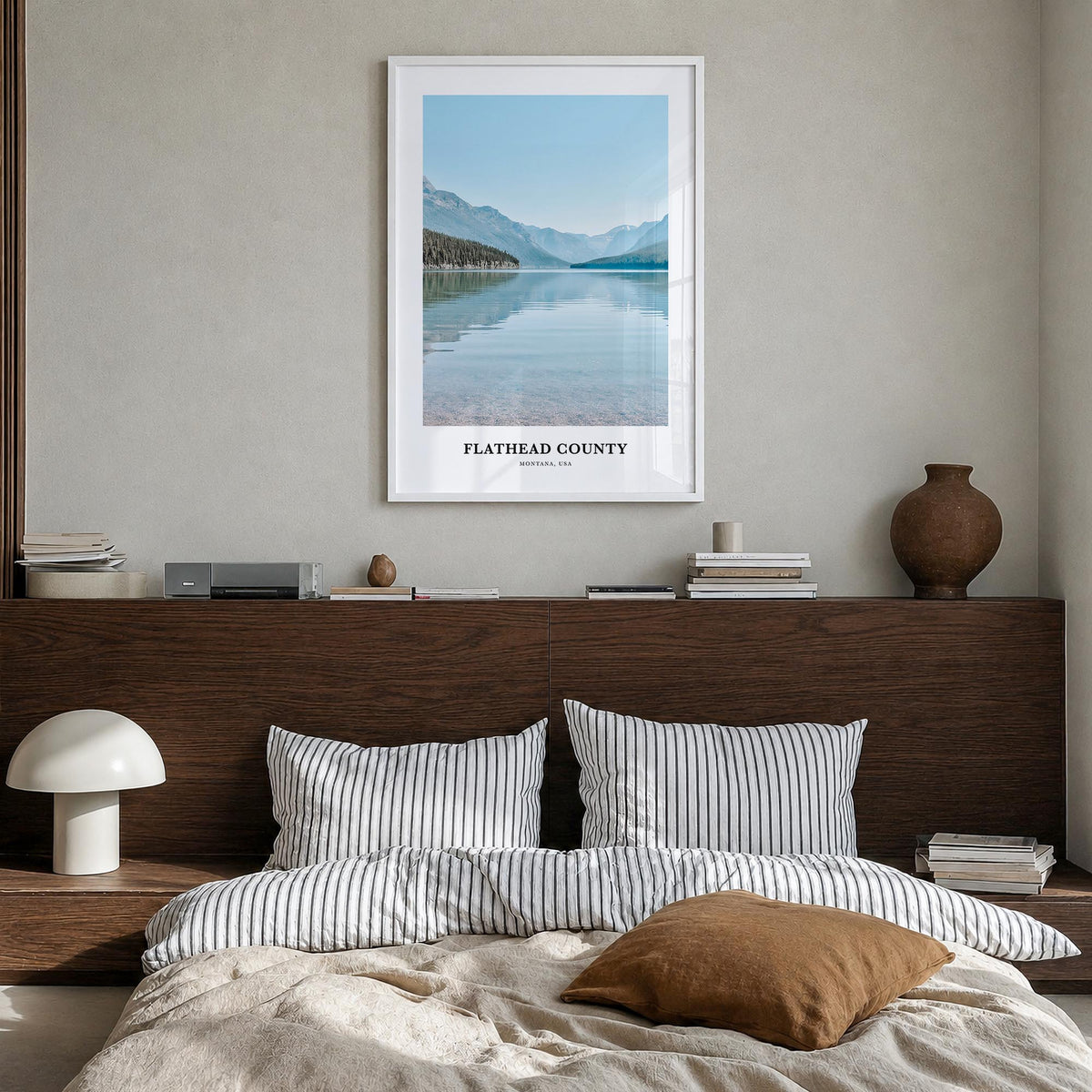 Flathead County colorful classic poster of Montana, USA – vertical wall art in white wood frame, hanging on wall