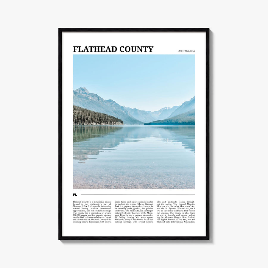Flathead County colorful travel poster of Montana, USA – vertical wall art, unframed print shown in interior mockup
