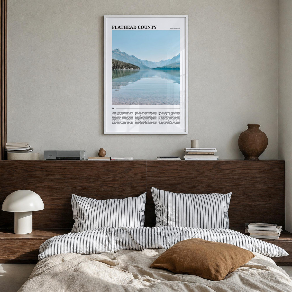 Flathead County colorful travel poster of Montana, USA – vertical wall art in white wood frame, hanging on wall