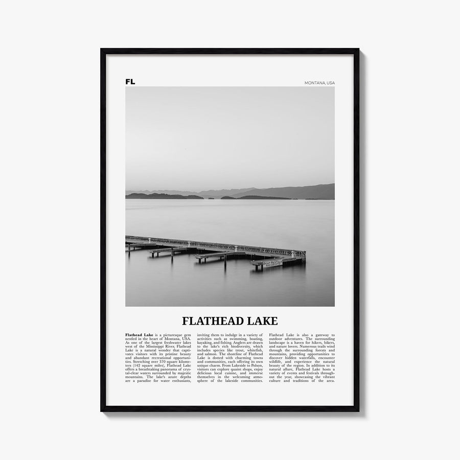 Flathead Lake black & white newspaper poster of Montana, USA – vertical wall art, unframed print shown in interior mockup