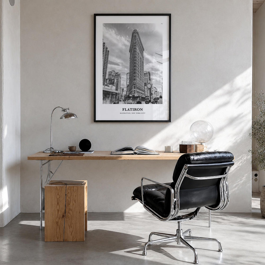 Flatiron black & white classic poster of New York, USA – vertical wall art in black wood frame, hanging on wall