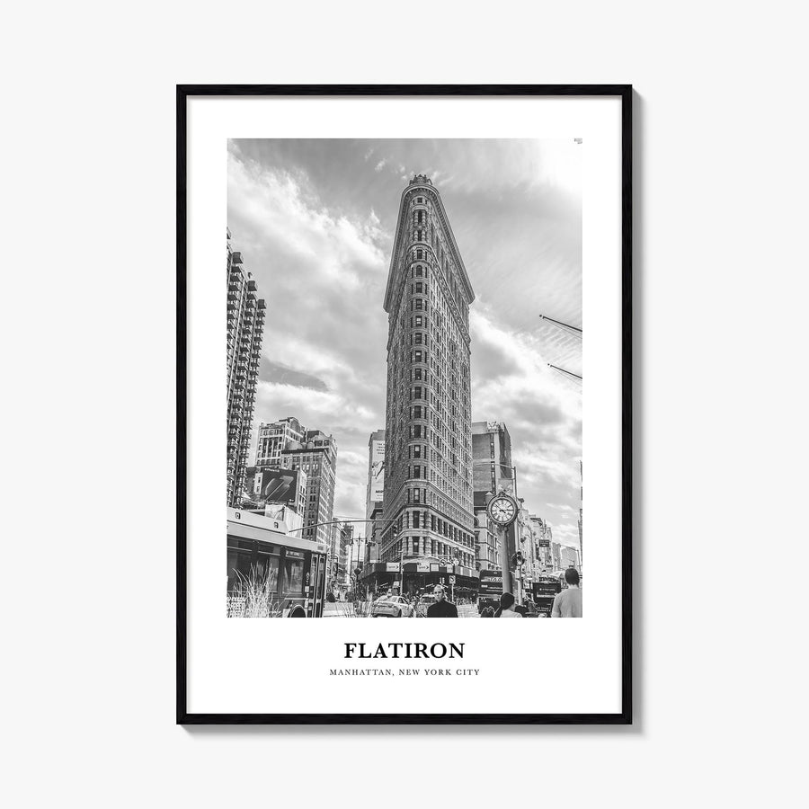 Flatiron black & white classic poster of New York, USA – vertical wall art, unframed print shown in interior mockup