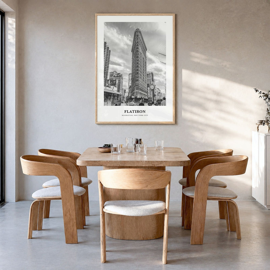 Flatiron Classic Poster in a natural wood frame, hanging in a dining room