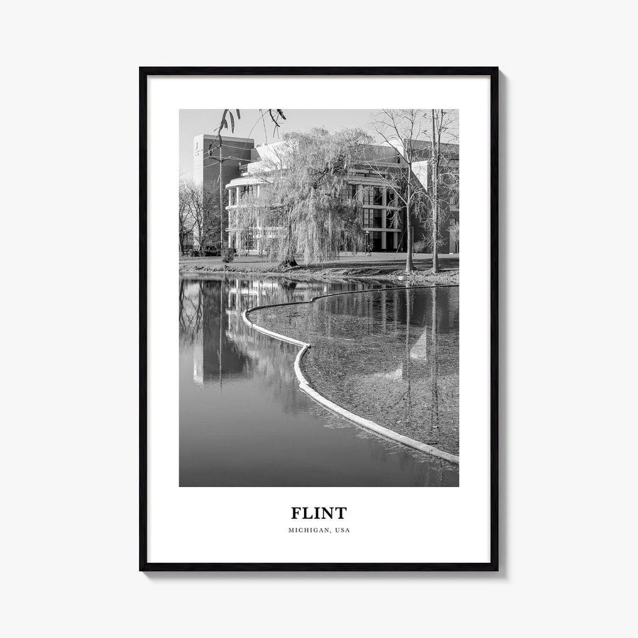 Flint black & white classic poster of Michigan, USA – vertical wall art, unframed print shown in interior mockup