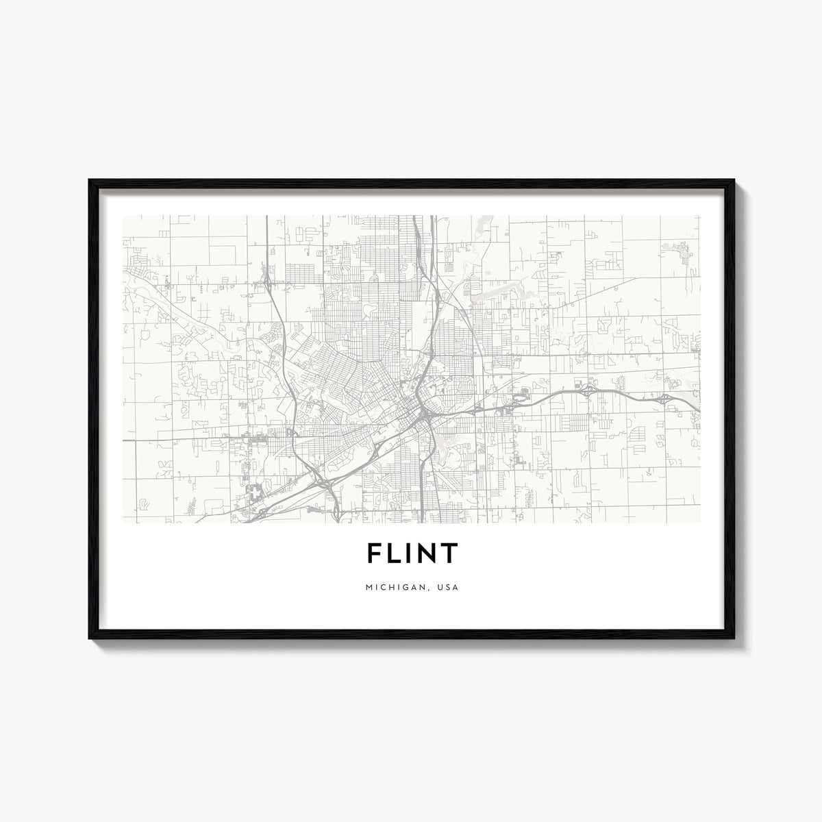 Flint black & white map poster of Michigan, USA – horizontal wall art, unframed print shown in interior mockup