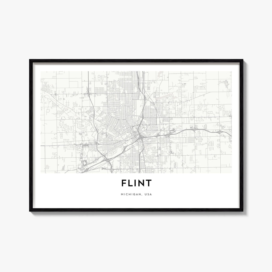 Flint black & white map poster of Michigan, USA – horizontal wall art, unframed print shown in interior mockup