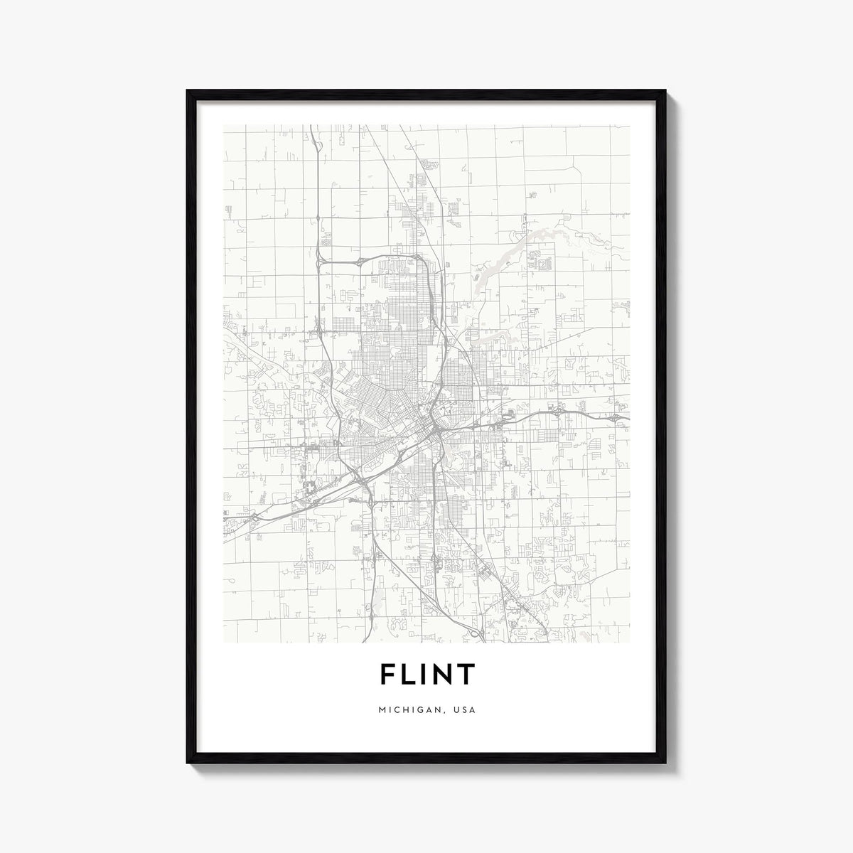 Flint black & white map poster of Michigan, USA – vertical wall art, unframed print shown in interior mockup