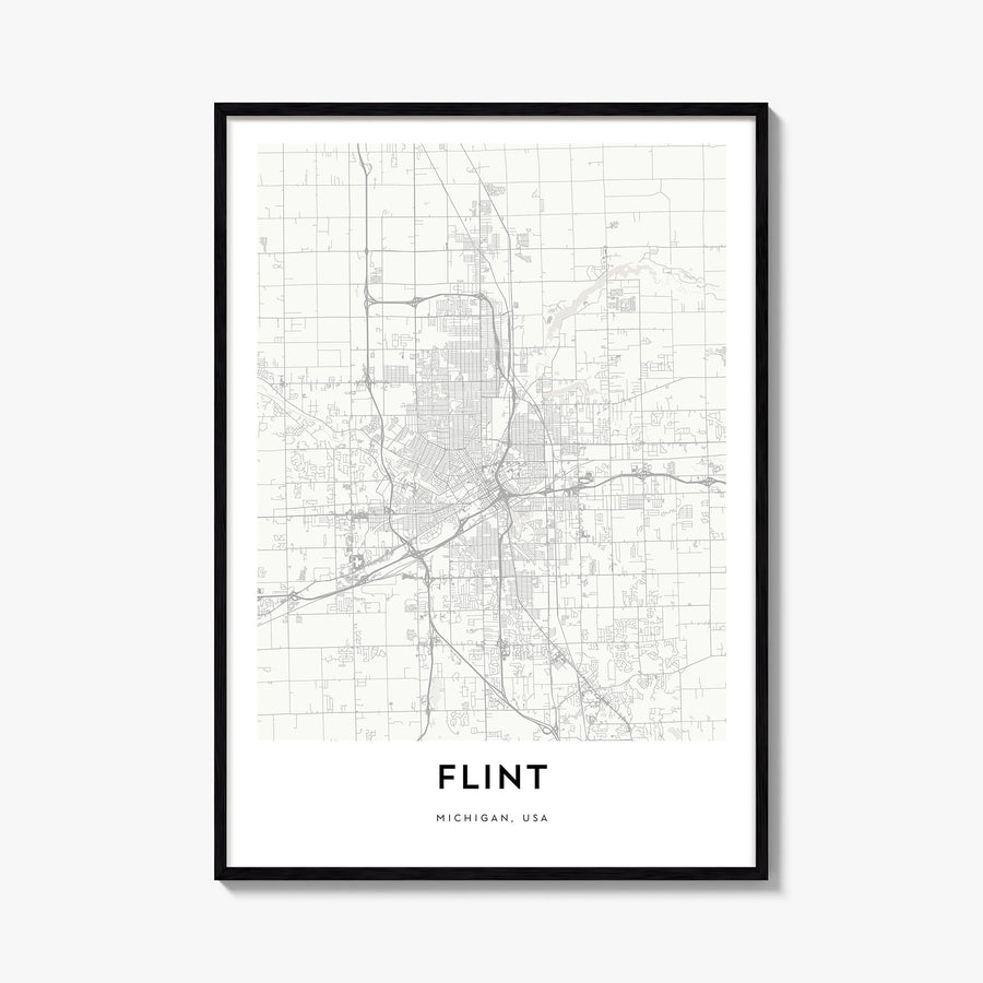 Flint black & white map poster of Michigan, USA – vertical wall art, unframed print shown in interior mockup