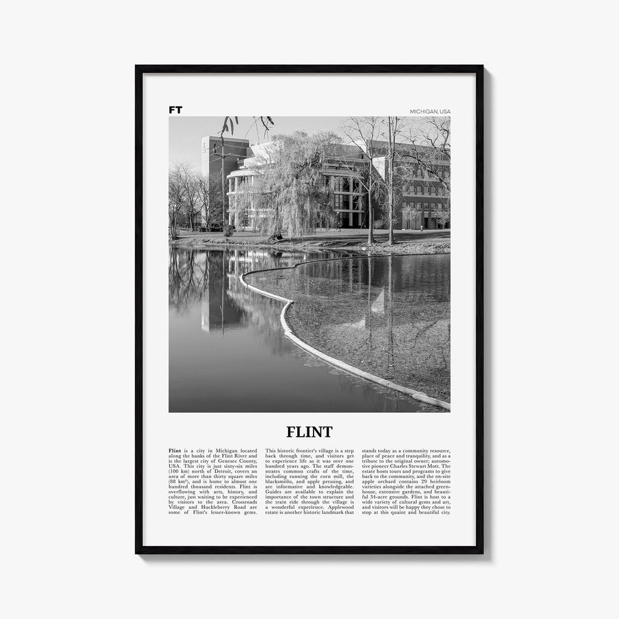 Flint black & white newspaper poster of Michigan, USA – vertical wall art, unframed print shown in interior mockup