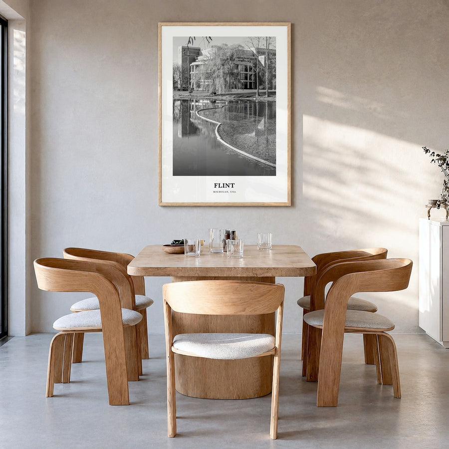 Flint Classic Poster in a natural wood frame, hanging in a dining room