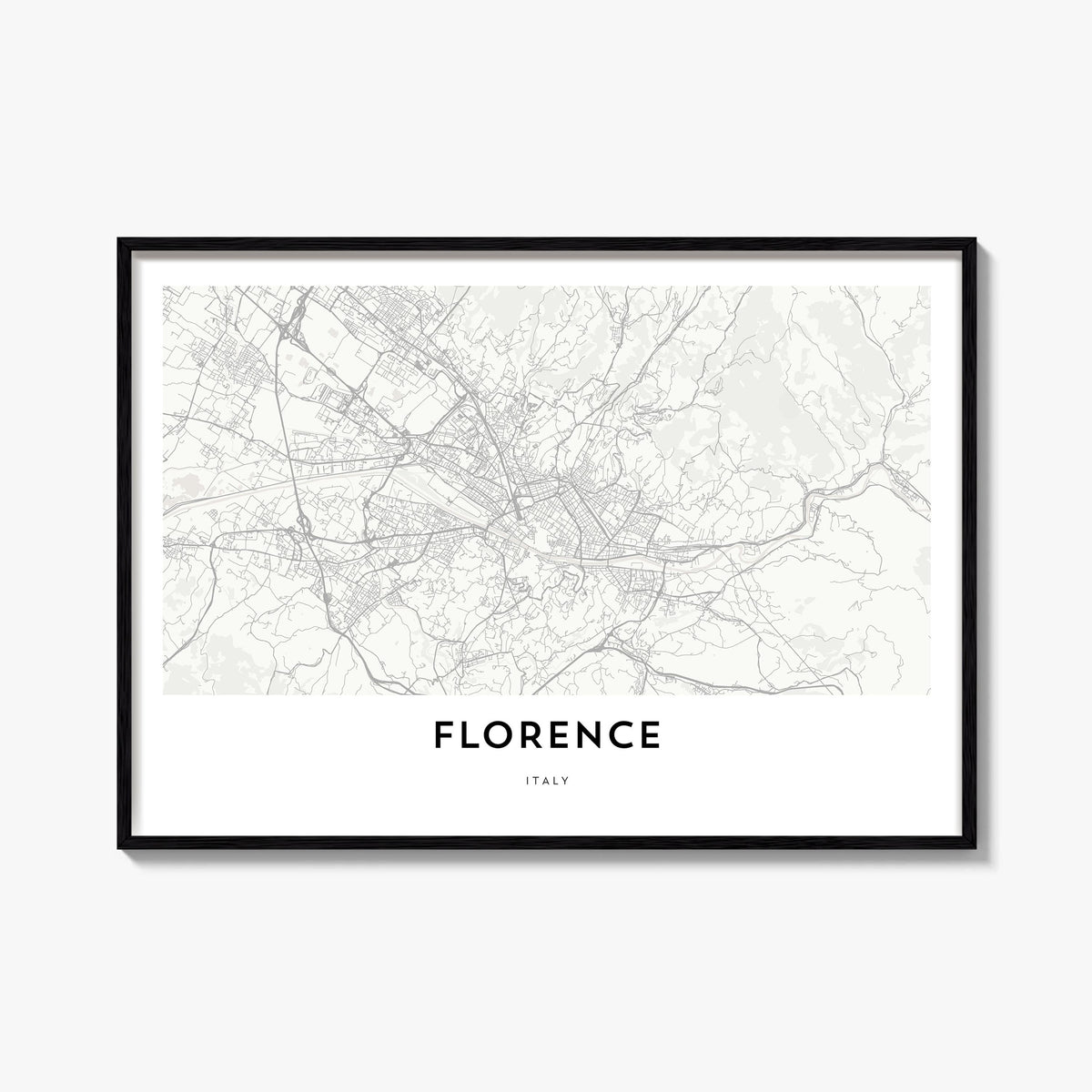 Florence black & white map poster of Italy – horizontal wall art, unframed print shown in interior mockup
