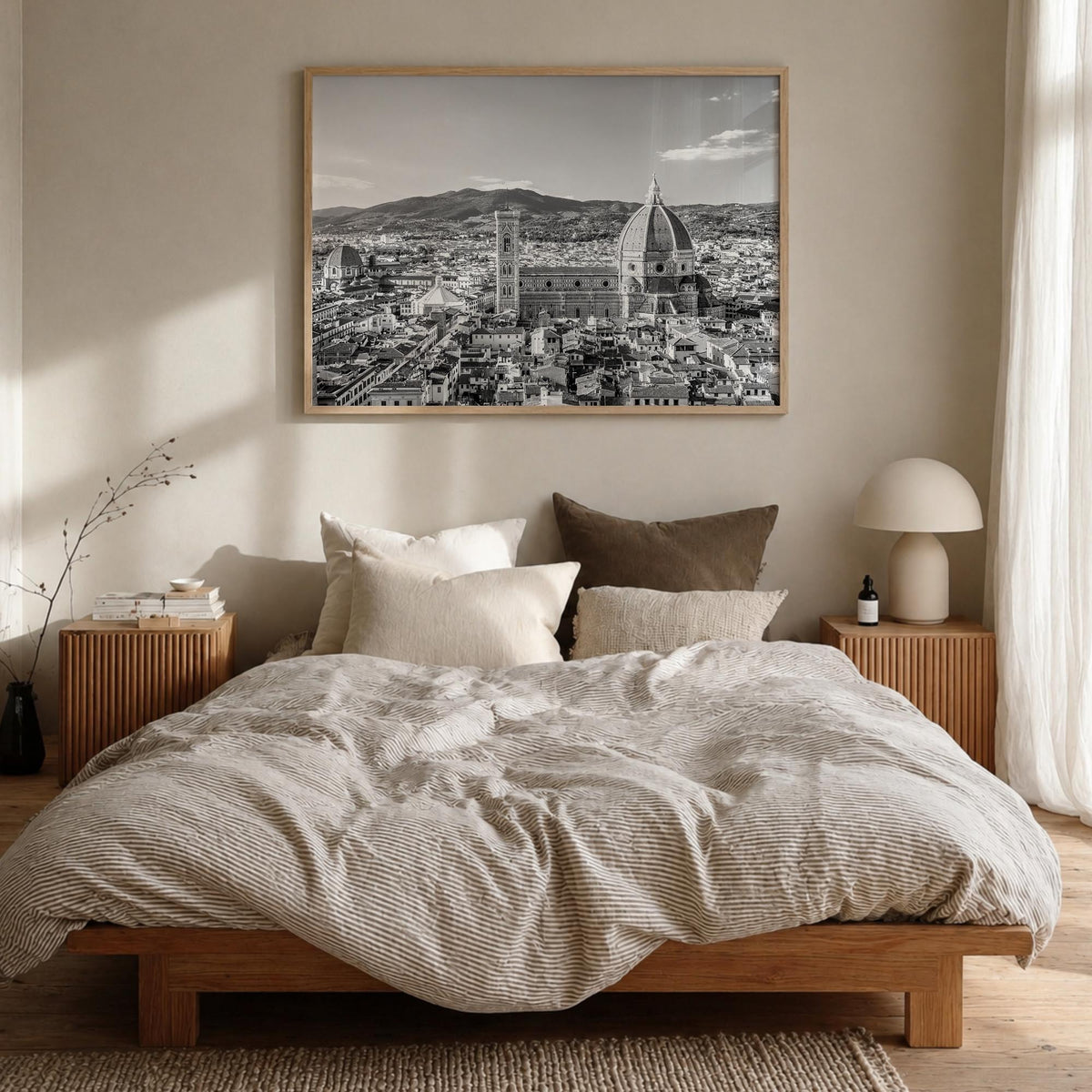 Florence black & white photo poster of Italy – horizontal wall art in natural wood frame, hanging on wall