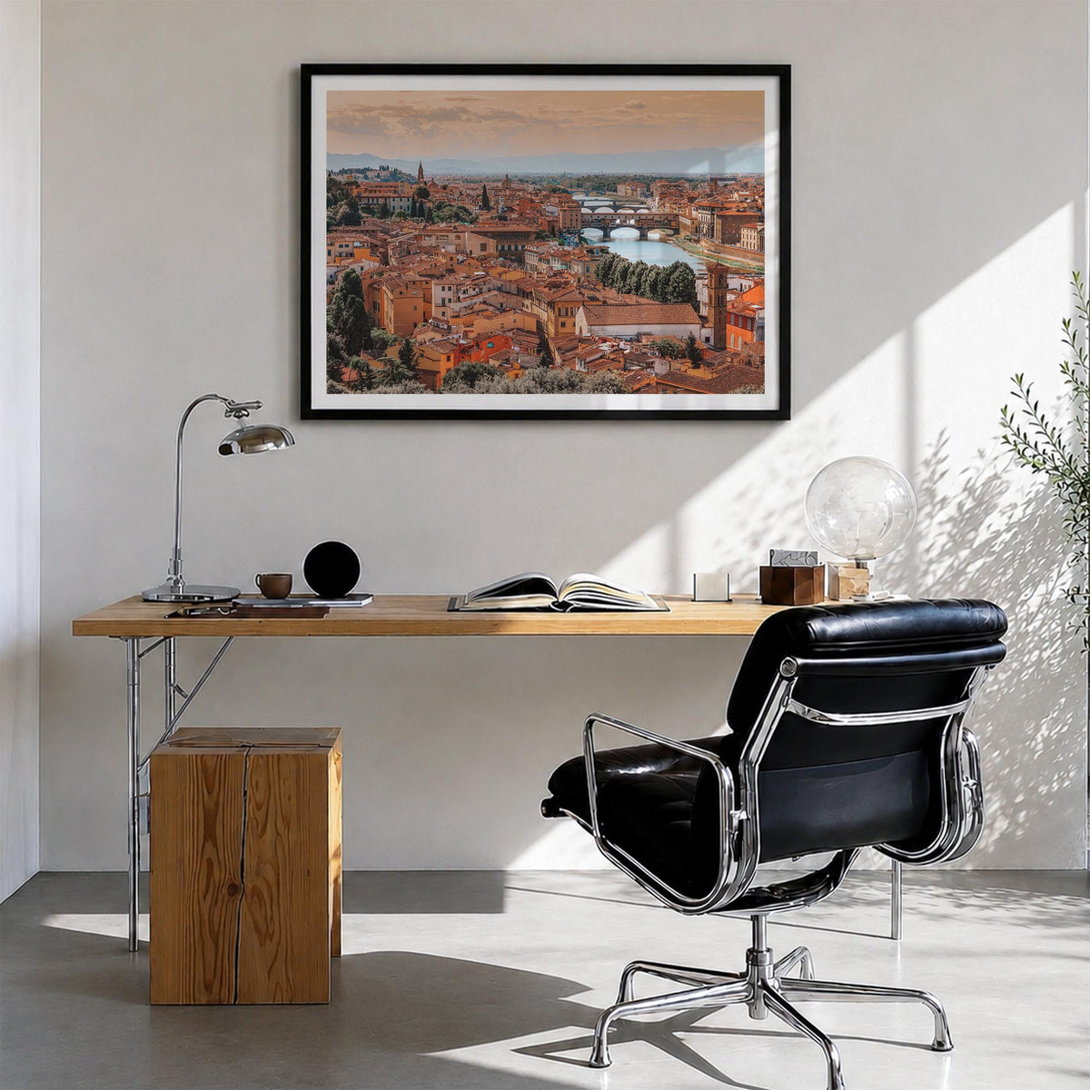 Florence colorful photo poster of Italy – horizontal wall art in black wood frame with white border, hanging on wall