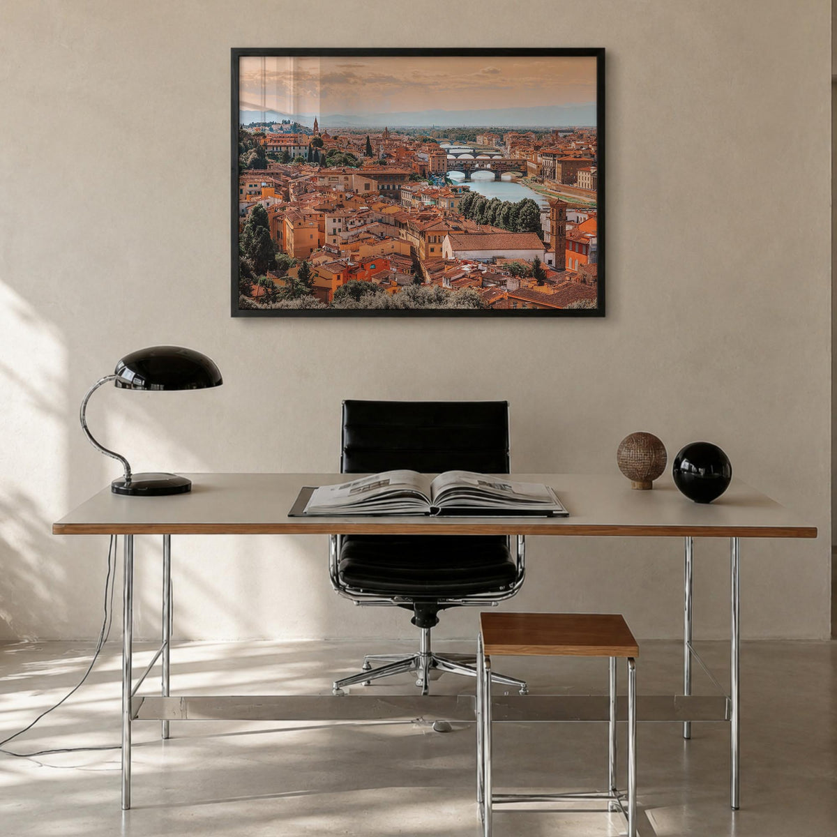 Florence colorful photo poster of Italy – horizontal wall art in black wood frame, hanging on wall