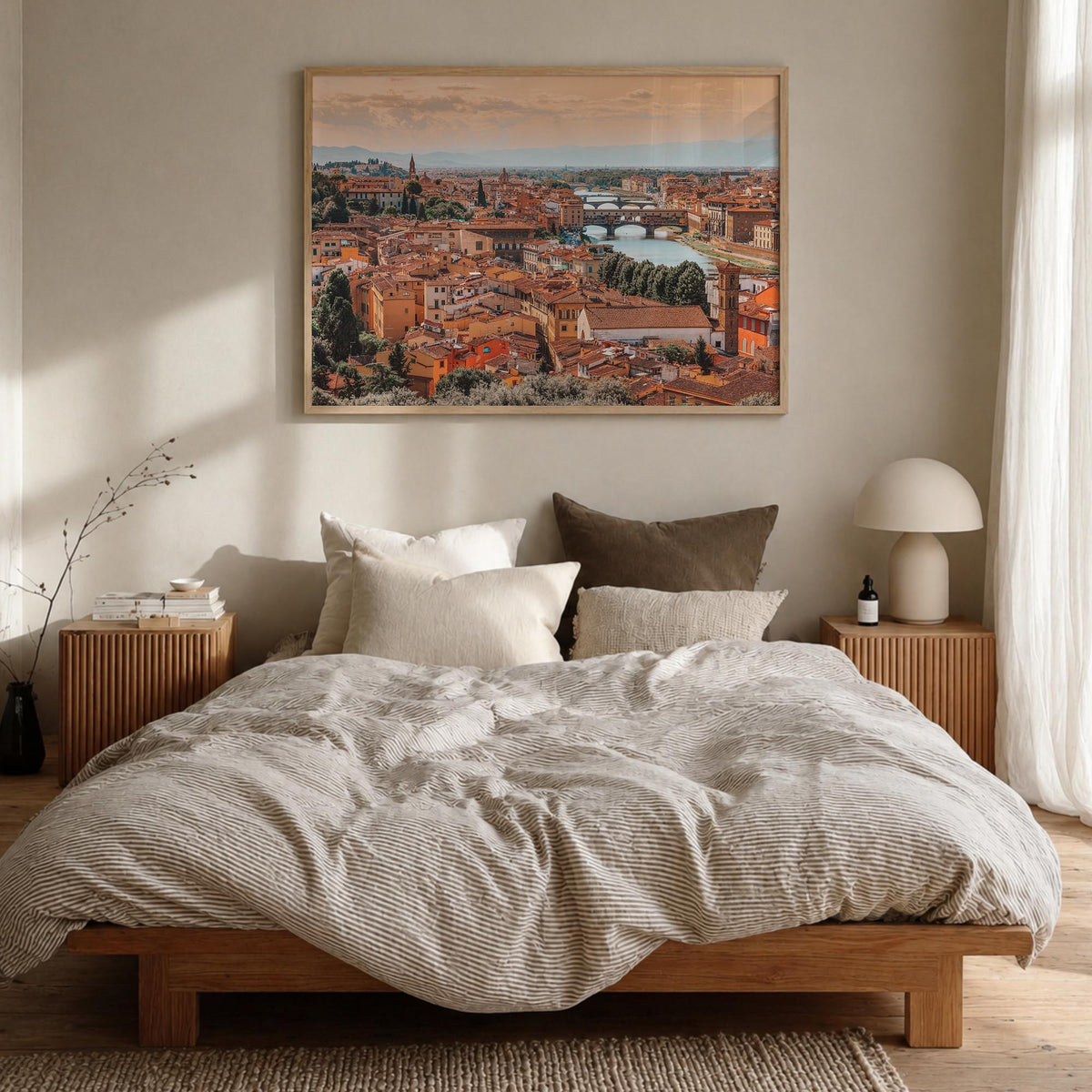 Florence colorful photo poster of Italy – horizontal wall art in natural wood frame, hanging on wall