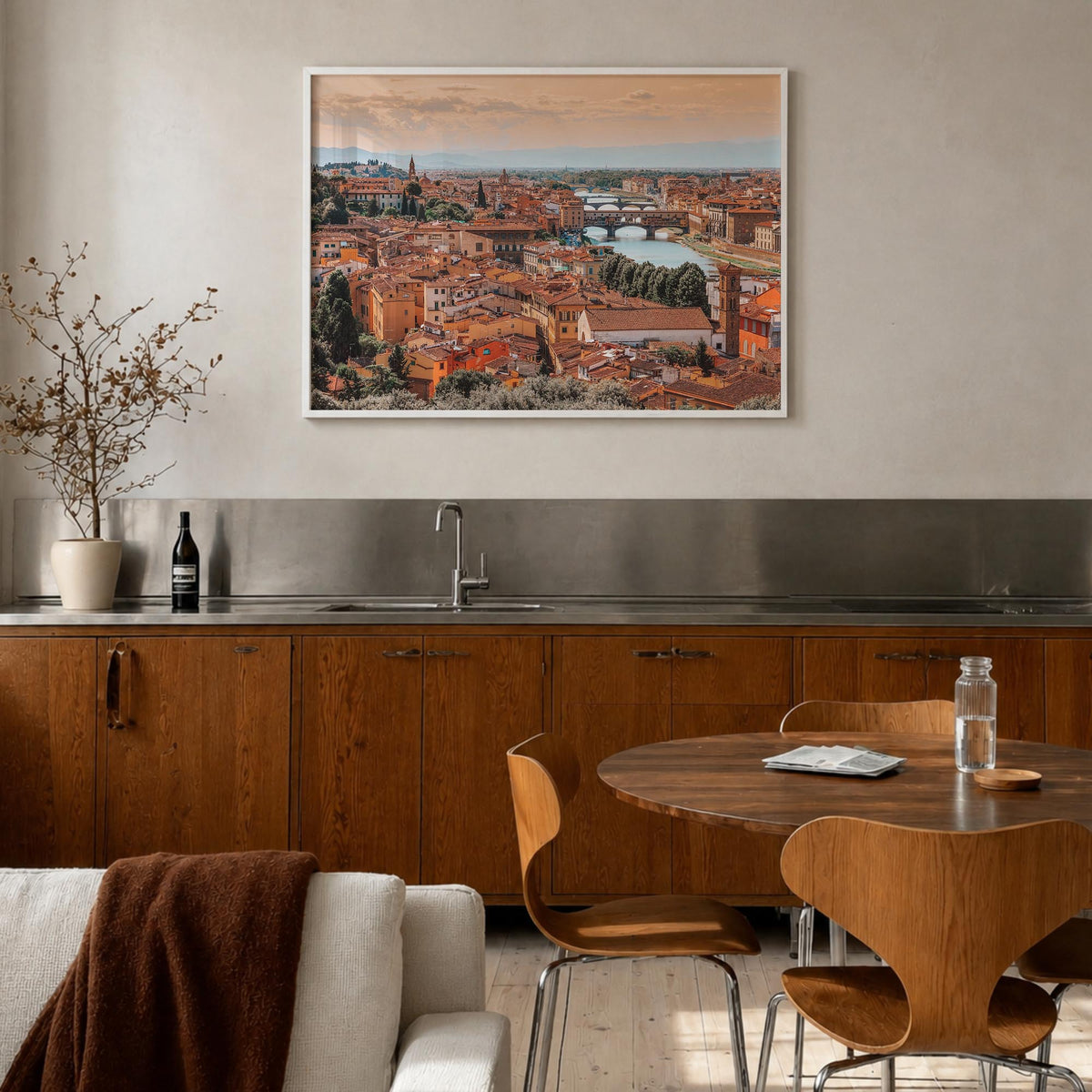 Florence colorful photo poster of Italy – horizontal wall art in white wood frame, hanging on wall