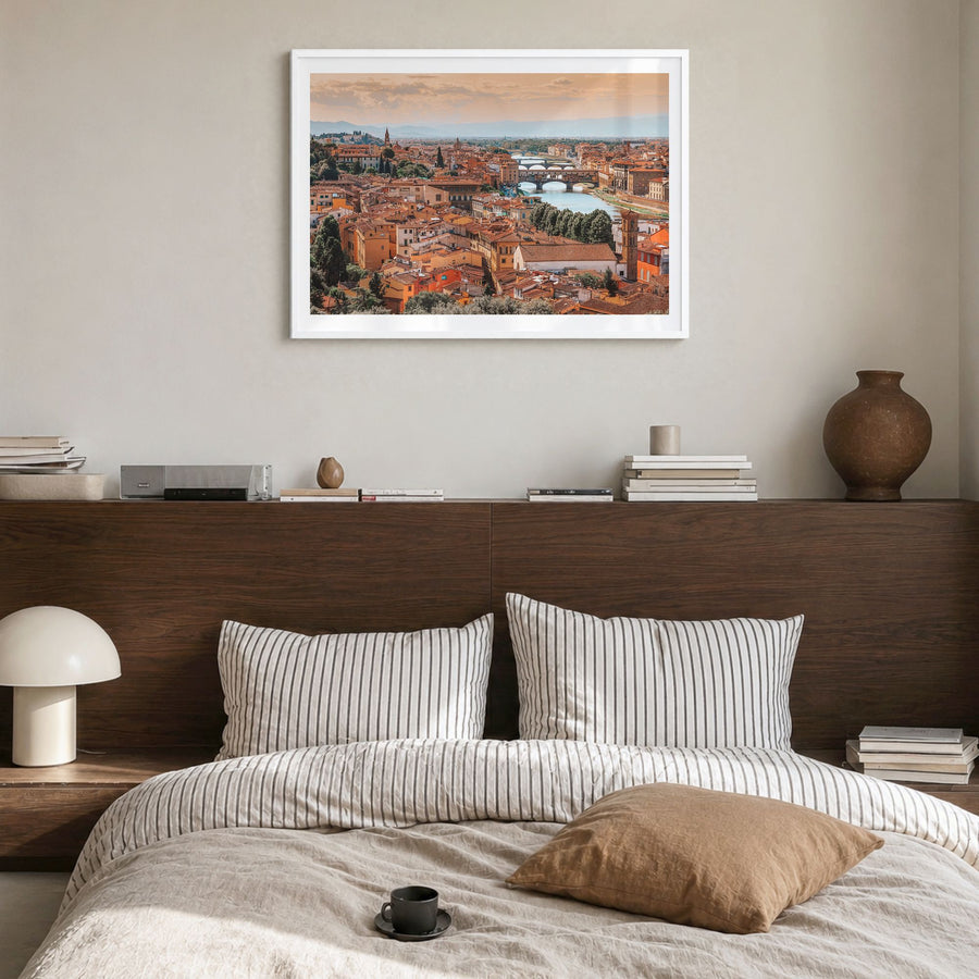 Florence Photo Poster in a white wood frame, hanging in a bedroom, white border