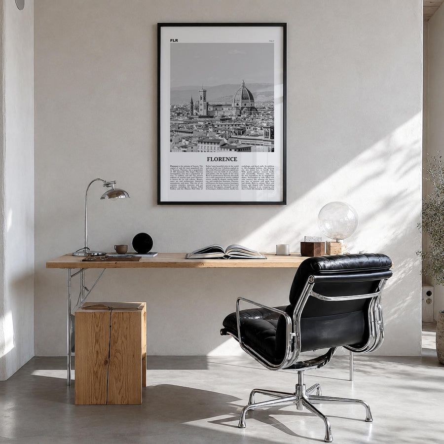 Florence no. 2 black & white newspaper poster of Italy – vertical wall art in black wood frame, hanging on wall
