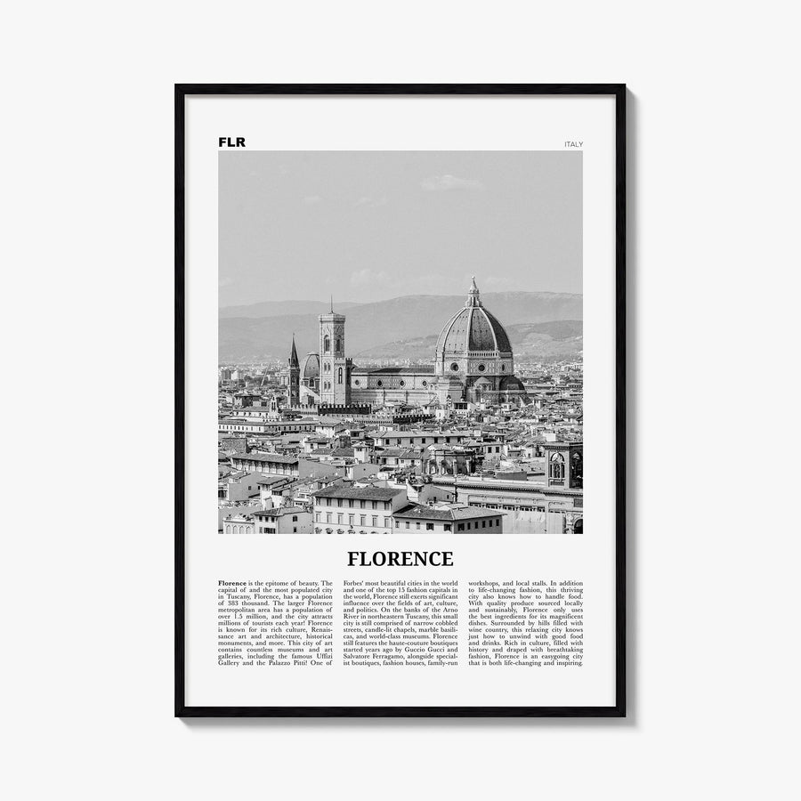 Florence no. 2 black & white newspaper poster of Italy – vertical wall art, unframed print shown in interior mockup