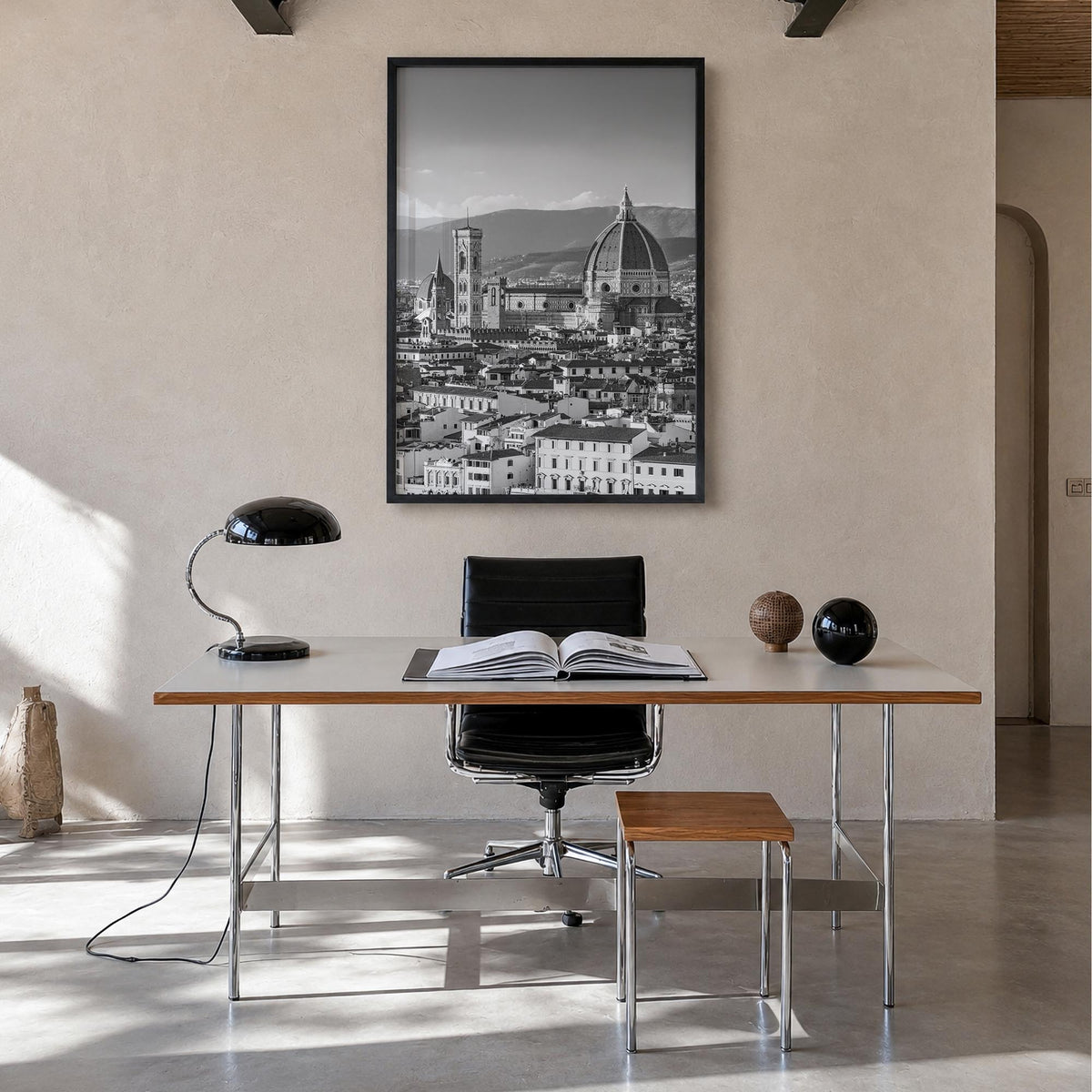 Florence no. 1 black & white photo poster of Italy – vertical wall art in black wood frame, hanging on wall