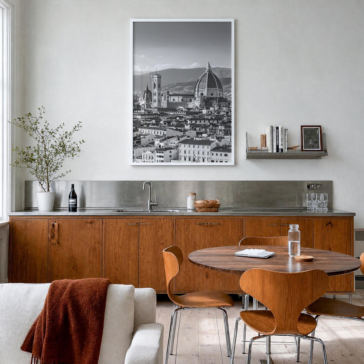 Florence no. 1 black & white photo poster of Italy – vertical wall art in white wood frame, hanging on wall