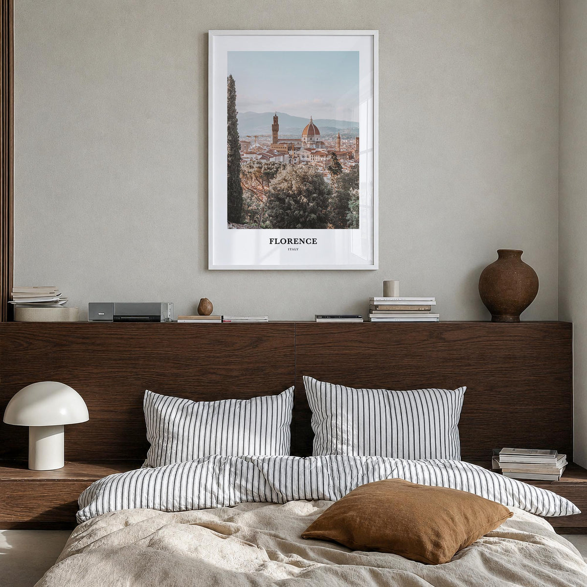 Florence no. 1 colorful classic poster of Italy – vertical wall art in white wood frame, hanging on wall