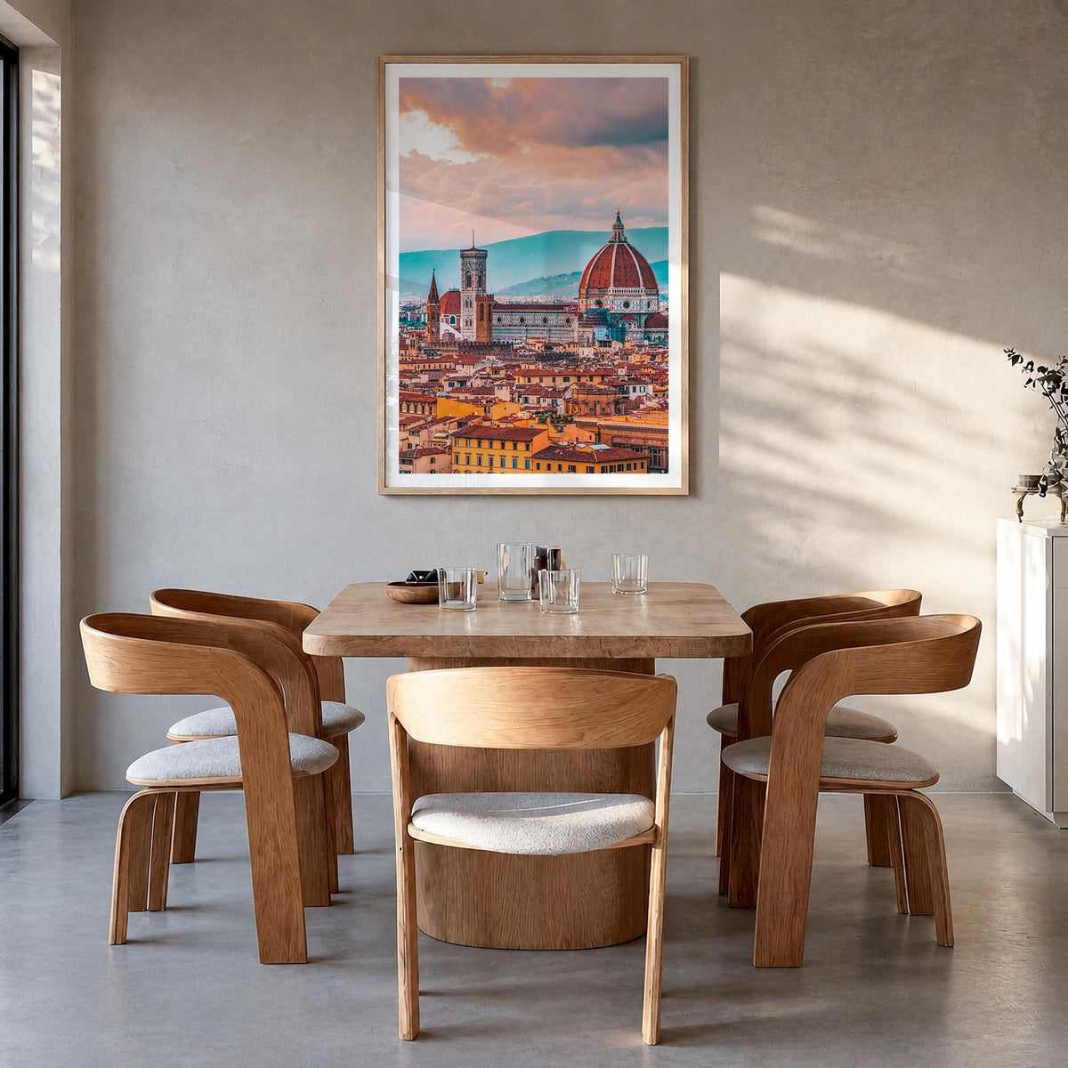 Florence no. 1 colorful photo poster of Italy – vertical wall art in natural wood frame with white border, hanging on wall