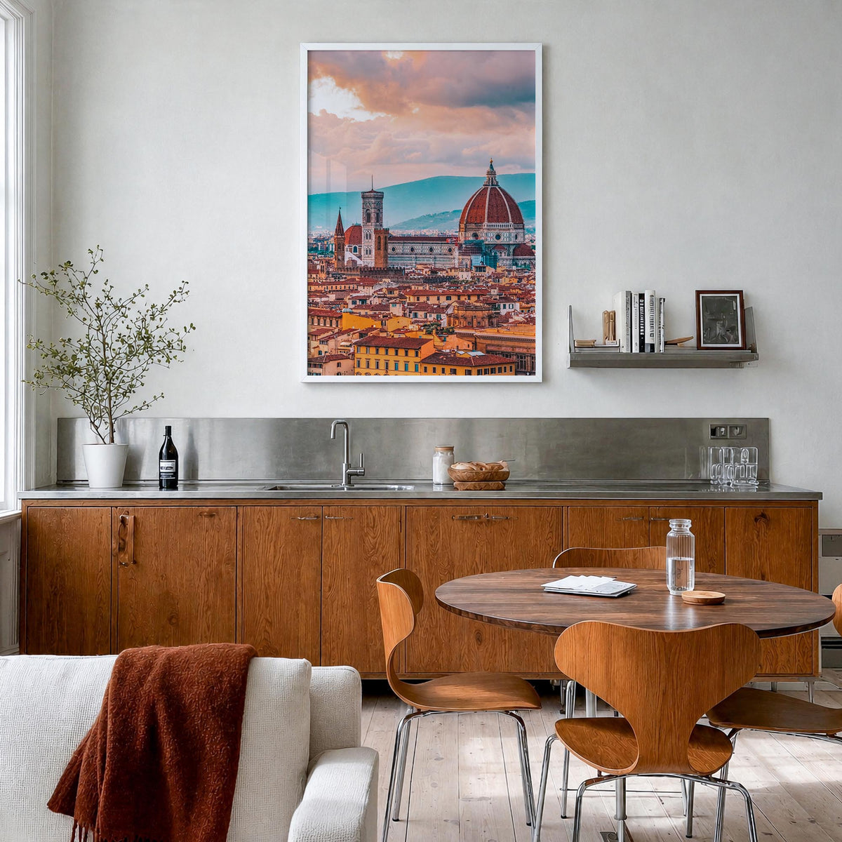 Florence no. 1 colorful photo poster of Italy – vertical wall art in white wood frame, hanging on wall