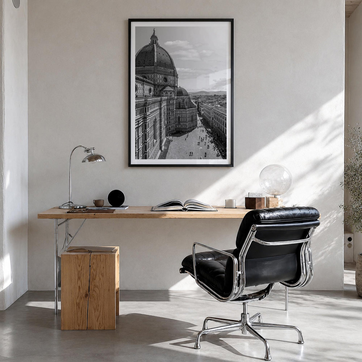 Florence no. 2 black & white photo poster of Italy – vertical wall art in black wood frame with white border, hanging on wall